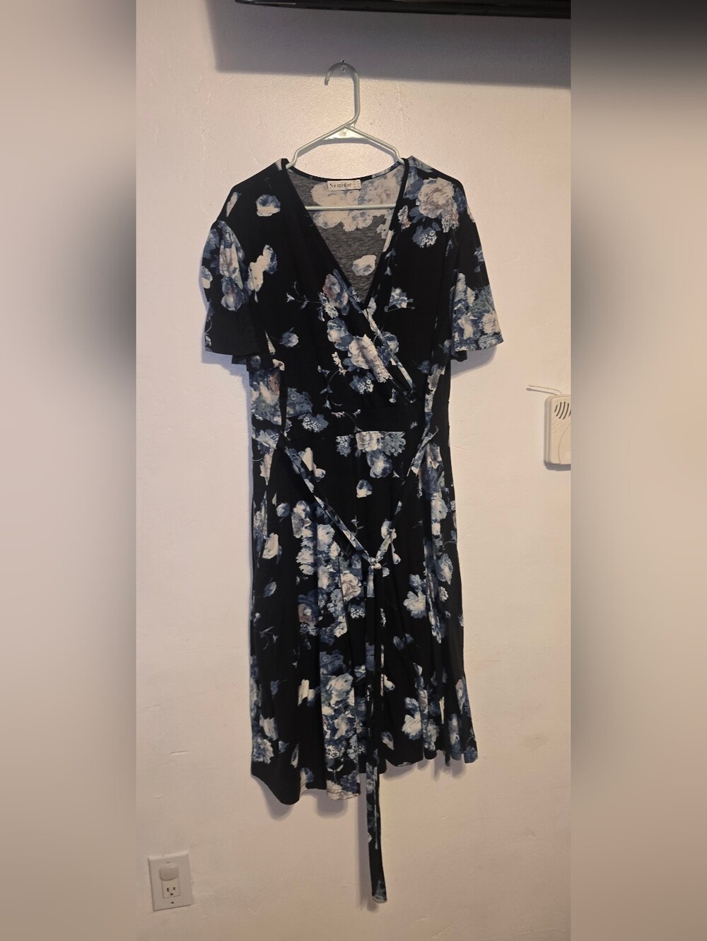 Black Floral Wrap Midi Dress with Blue-White Blooms